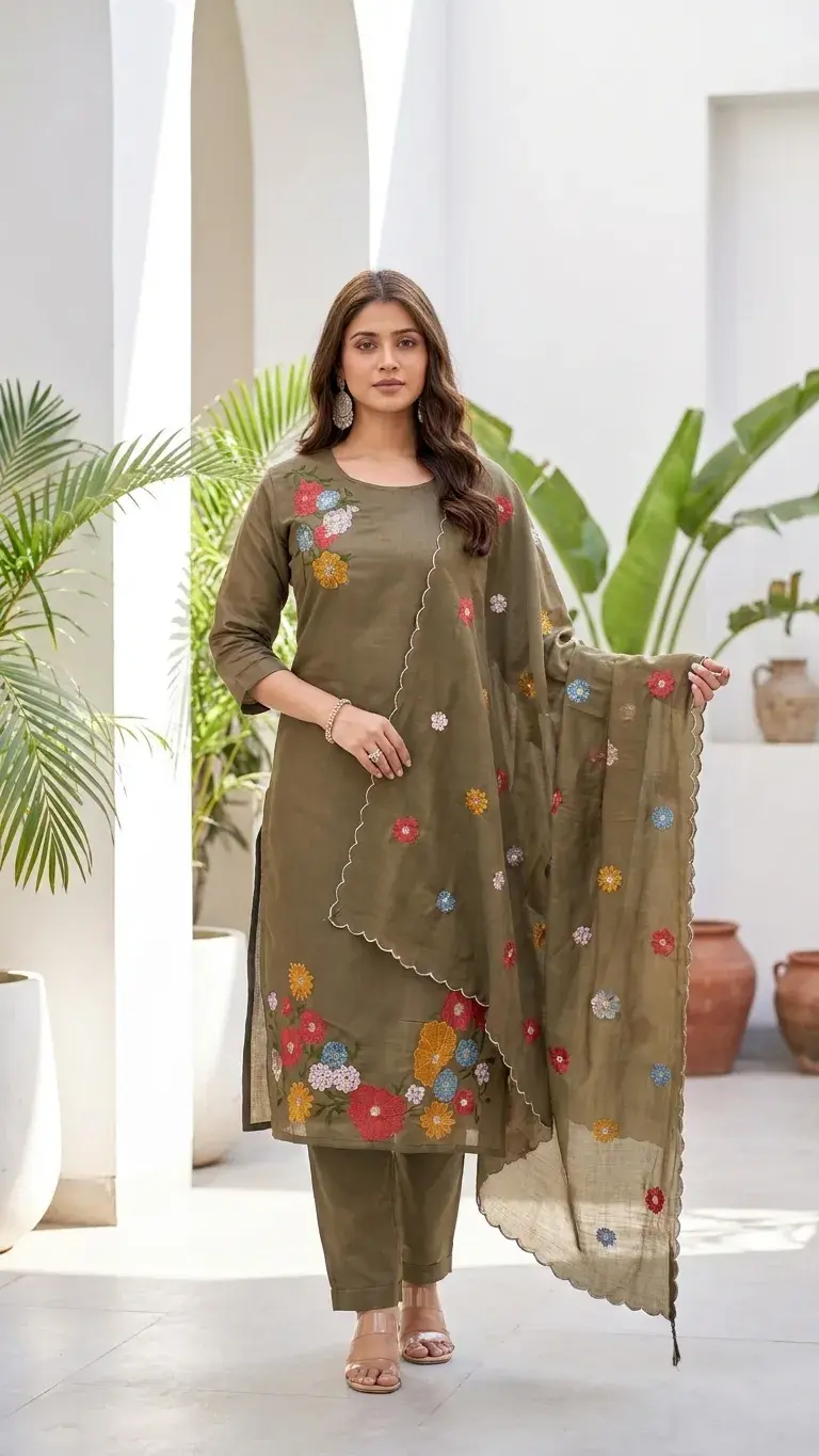 Olive Green Floral Embroidered Suit Set
