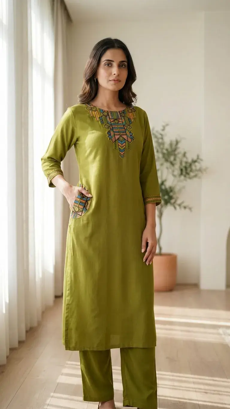 Olive Green Embroidered Kurta Set